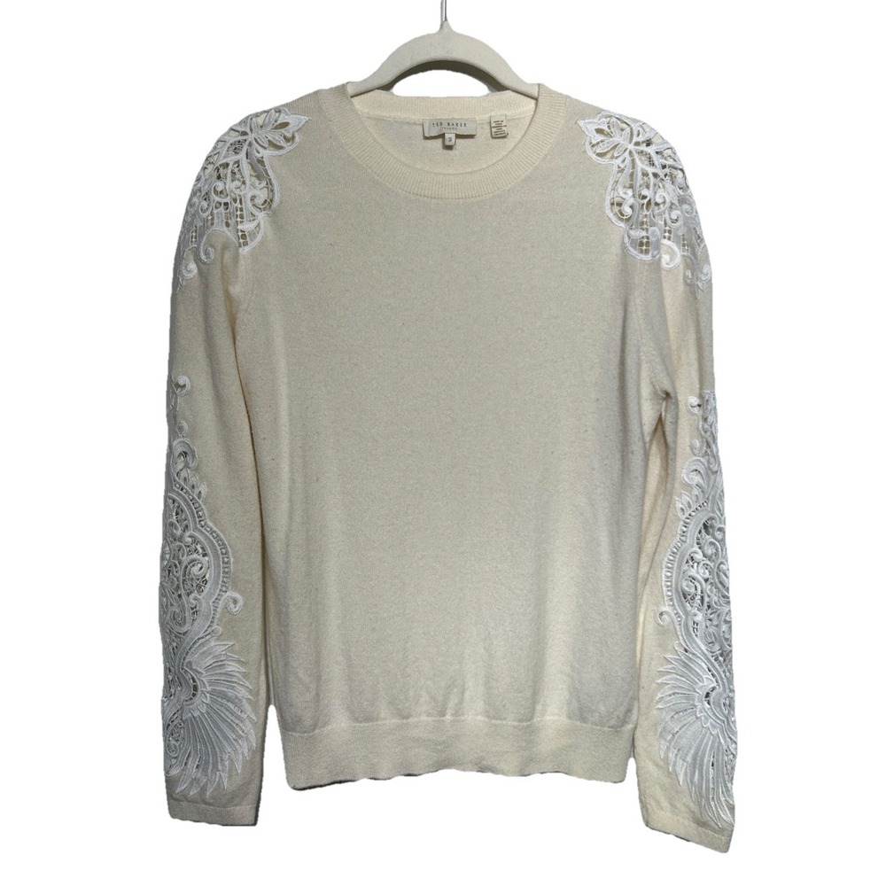 Ted Baker Shelsin Lace-Inset Sweater Wool Cashmere Blend Ivory Sz 3 Retail: $229